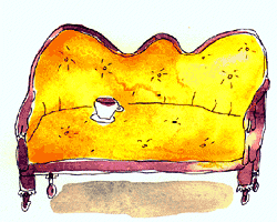 Ink and watercolor of coffee cup on a couch