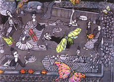 Ink and watercolor of whimsical characters in a drawing room