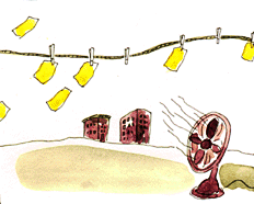 Ink and watercolor of a fan blowing paper on a clothesline